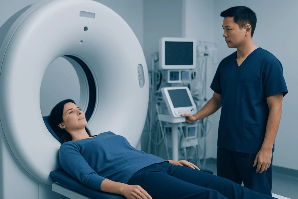 Patient undergoing a CT scan at Acibadem Hospital for medical diagnosis.