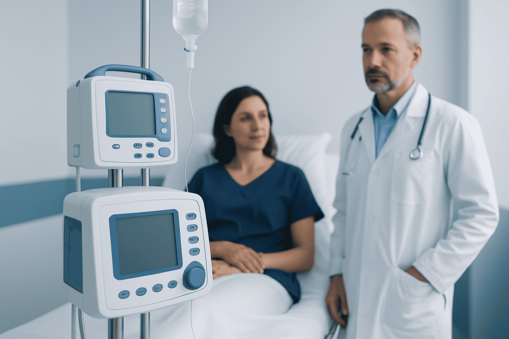 Doctor and patient in hospital room with medical monitors.