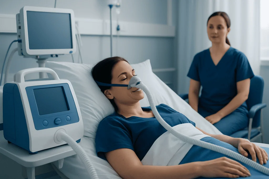 Patient using CPAP machine for sleep therapy in hospital bed.
