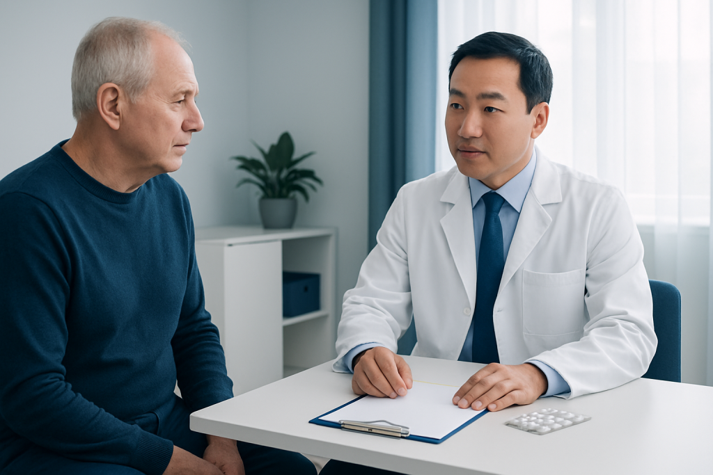 Doctor consulting with an elderly patient in a medical office.