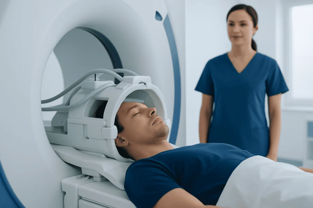 Patient undergoing MRI scan at Acibadem Hospital with medical staff nearby.