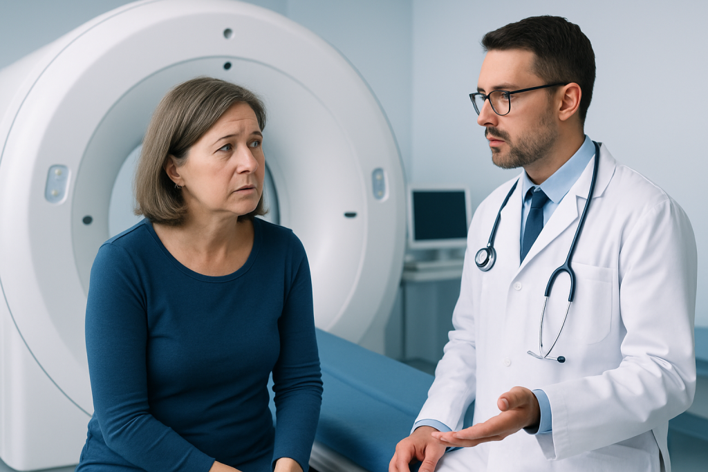 Doctor explaining brain scan results to a patient in a hospital.