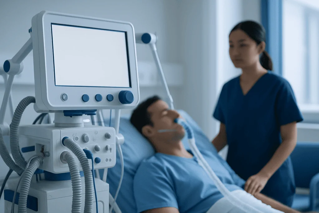 Hospital patient connected to ventilator with medical staff nearby.