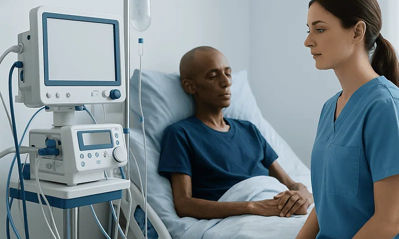 Hospital nurse and patient in a medical ward with monitoring equipment.