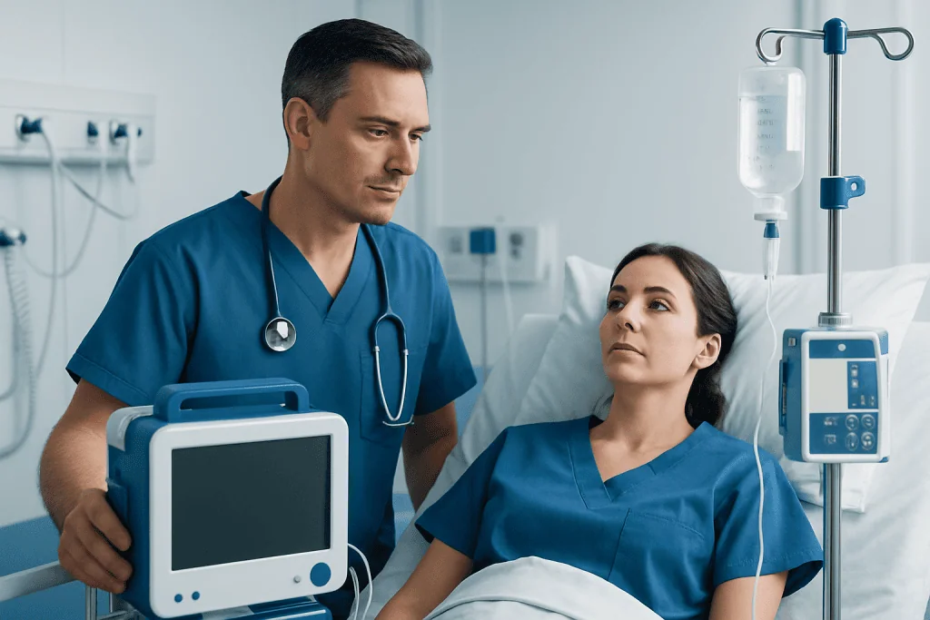 Doctor consulting patient in hospital room with medical equipment.