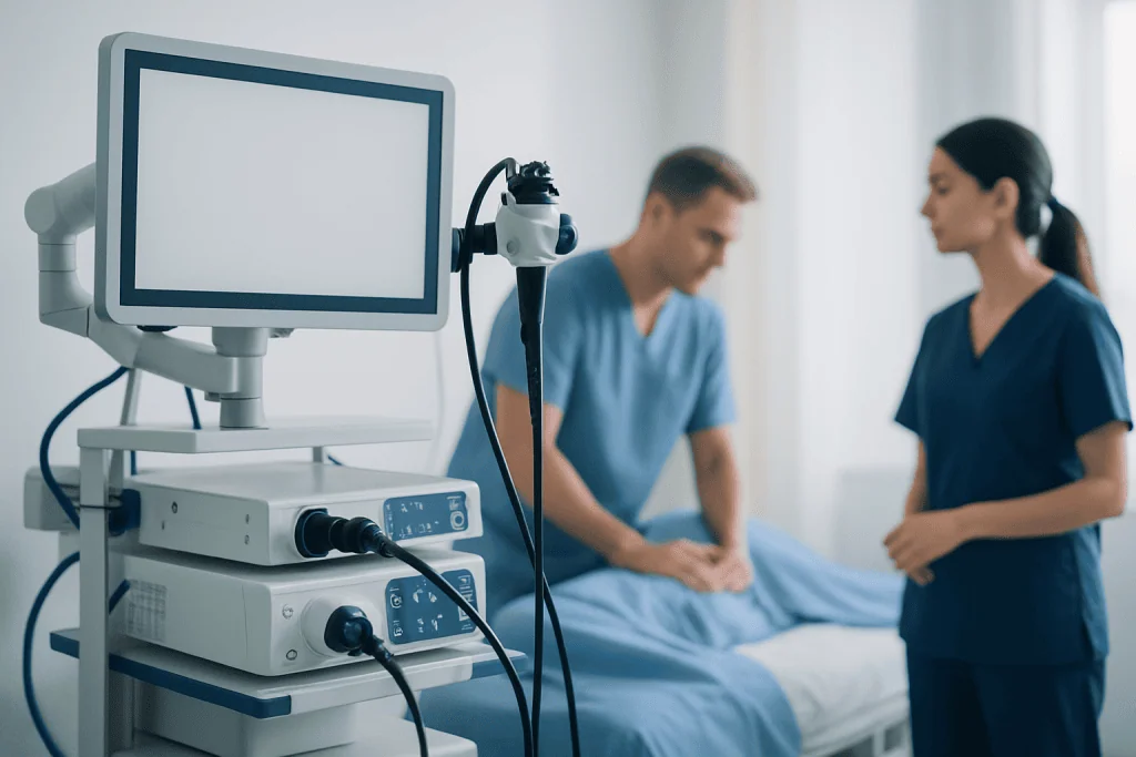 Medical professionals in a hospital room with advanced endoscopy equipment.