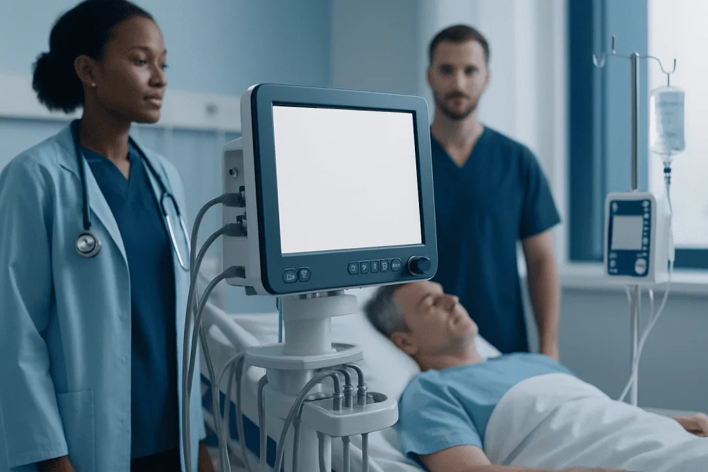 Medical team monitoring patient in hospital ICU with ventilator and monitors.