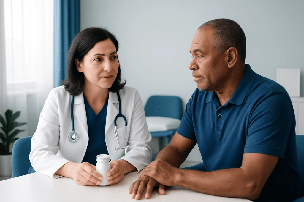 Doctor consulting with a patient in a medical office setting.