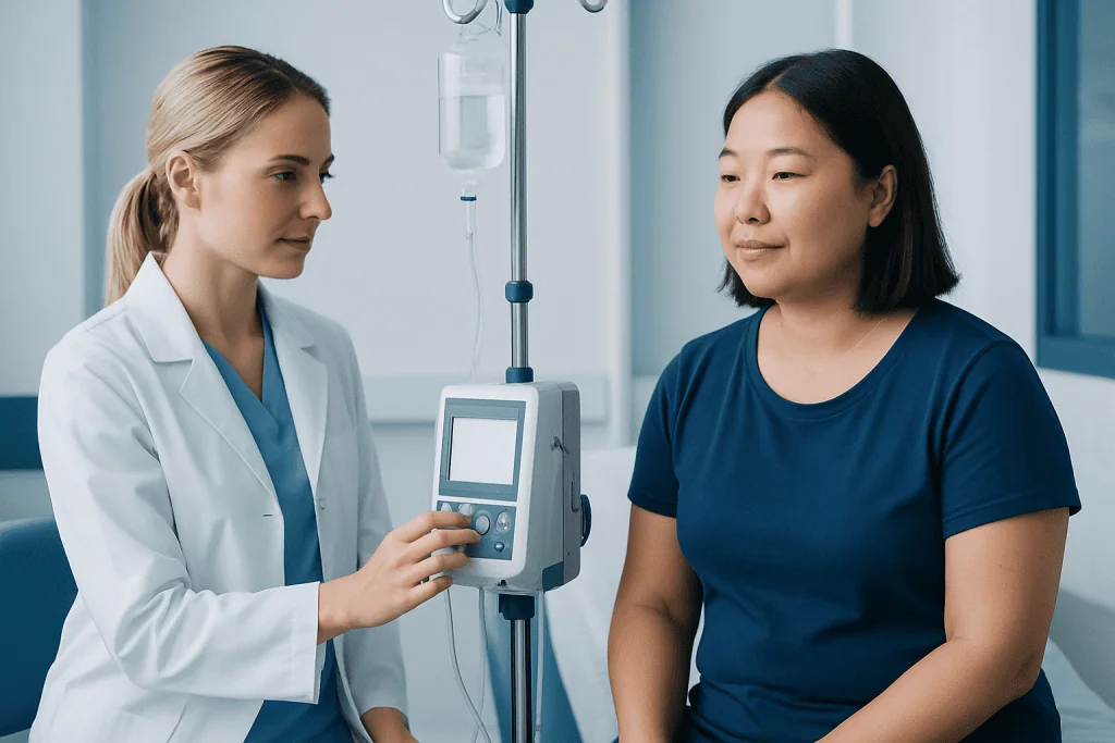 Doctor adjusting IV drip for patient in hospital setting.
