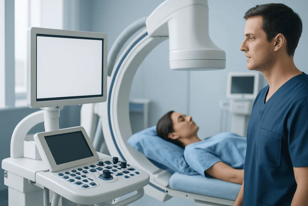 Medical professional operating MRI machine in hospital setting.