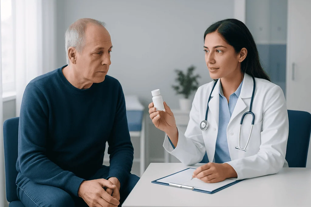 Doctor explaining medication to an elderly patient in a clinic setting.
