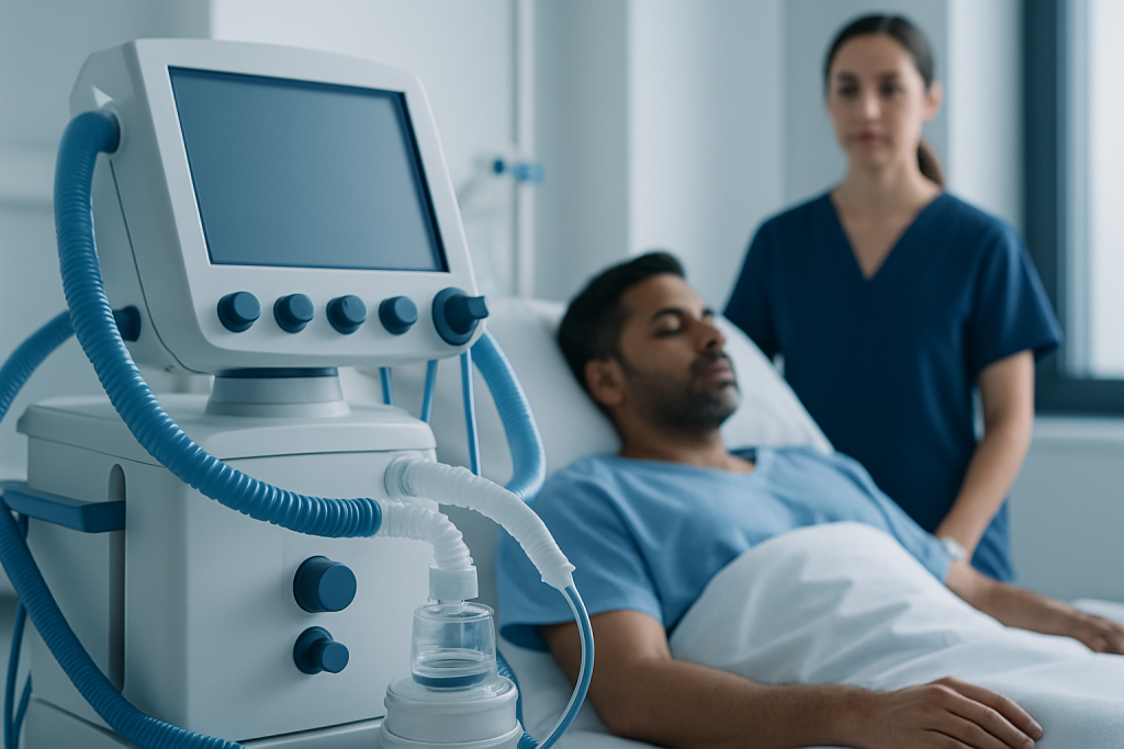 Hospital patient receiving treatment with medical ventilator and healthcare staff present.