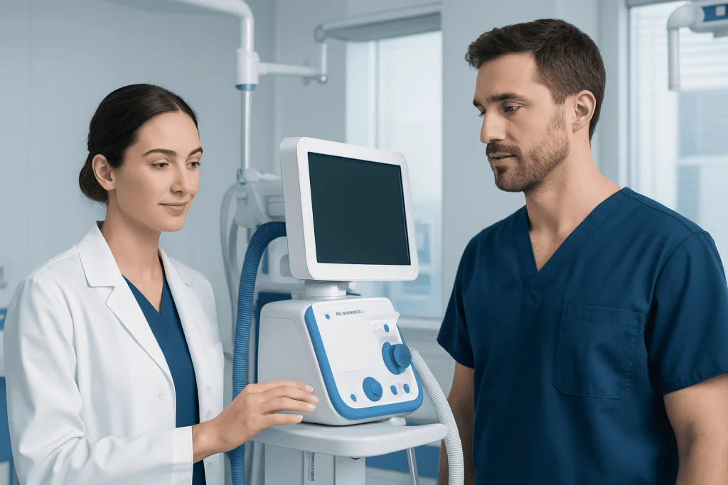 Medical professionals using ultrasound equipment in a hospital setting.