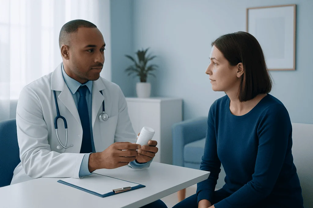 Doctor consulting with a female patient in a medical office.