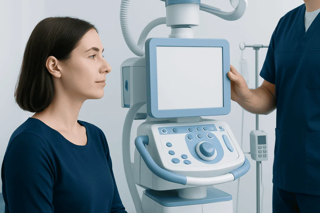 Medical professional performing ultrasound on a patient in a clinical setting.