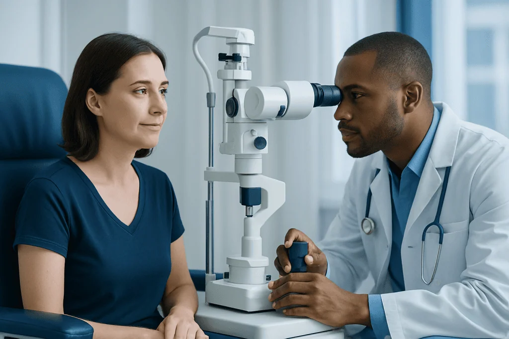 Optometrist examining a woman's eye with a slit lamp in a clinical setting.