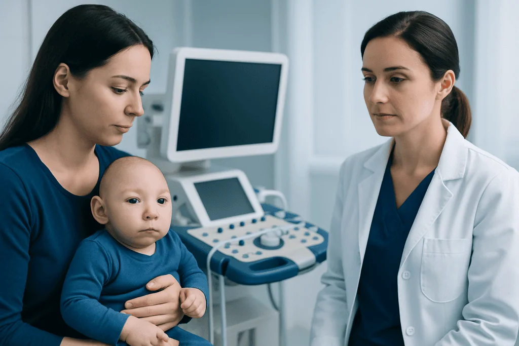 Doctor consulting with mother and baby in hospital setting.