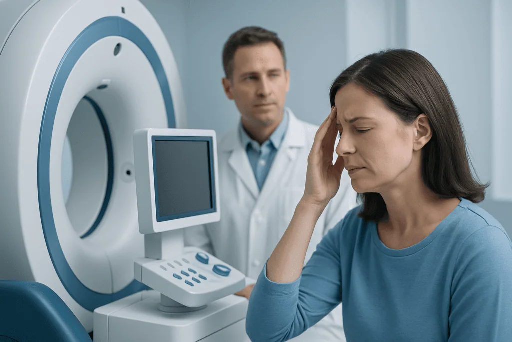 Woman experiencing headache during MRI scan at Acibadem Hospital.