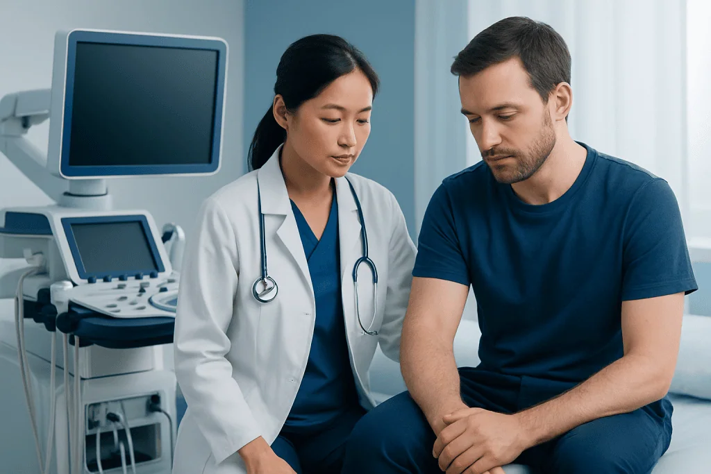 Doctor consulting with patient in a medical examination room.