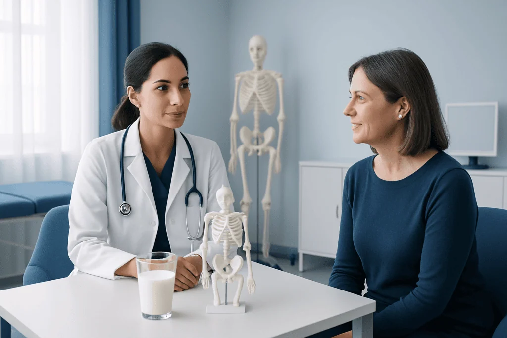 Doctor consulting a patient in a medical office with a skeleton model present.