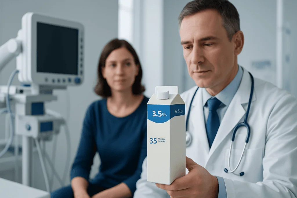 Doctor examining milk fat percentage in a clinical setting.