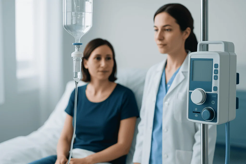 Doctor and patient in hospital room with IV drip and medical equipment.