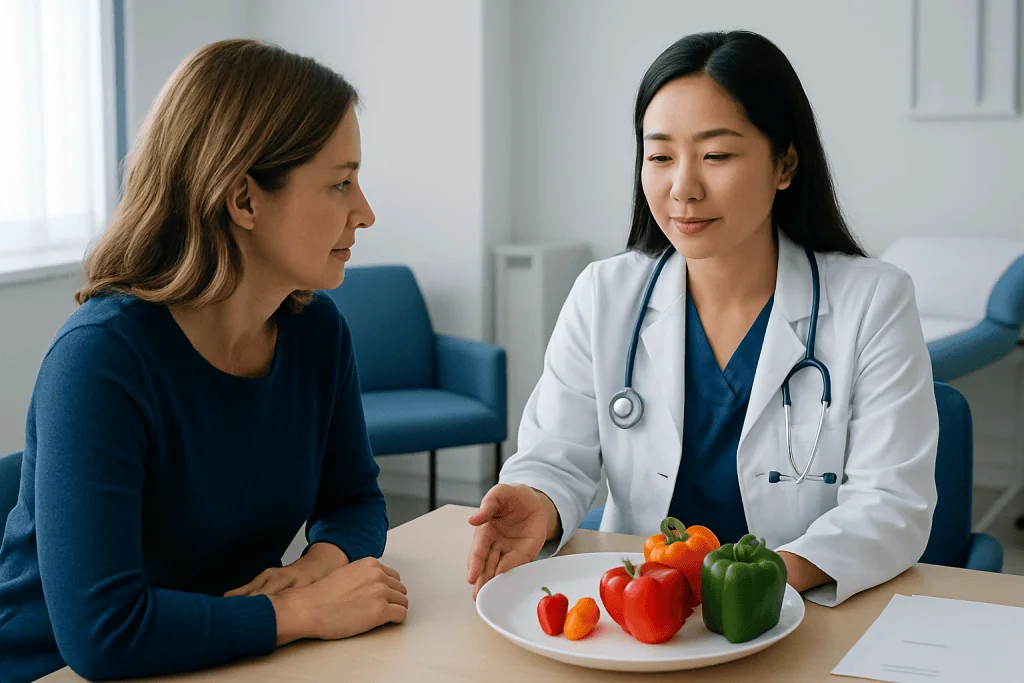 Doctor explaining nutritional benefits of mini sweet peppers to patient.