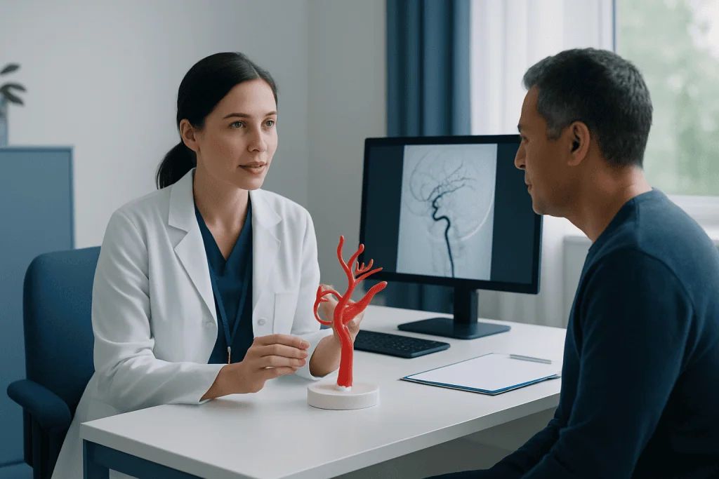 Doctor explaining brain vessel anatomy to patient with model and scan.