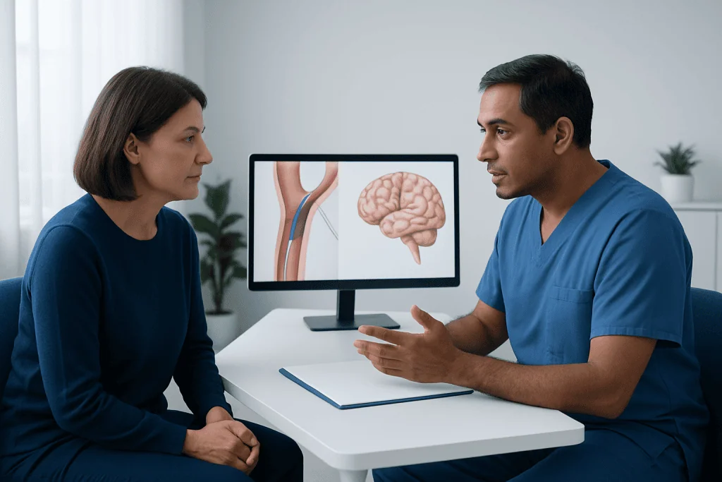 Doctor explaining brain anatomy to patient during consultation.