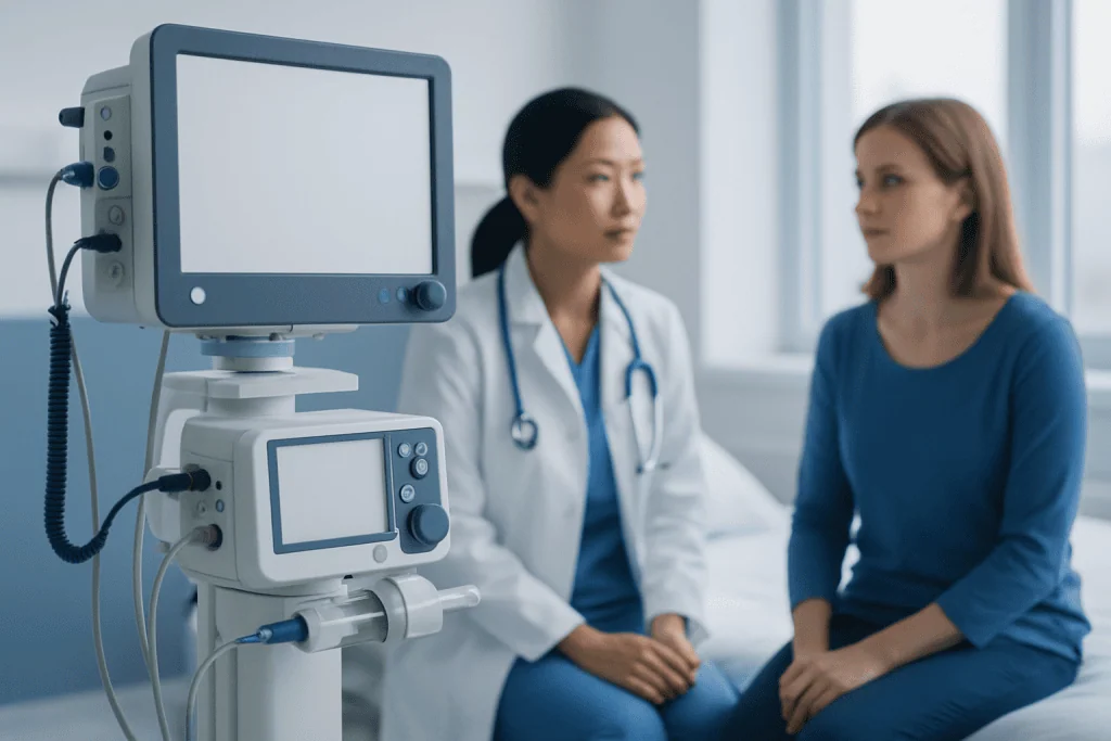 Doctor consulting patient in a hospital room with medical equipment.