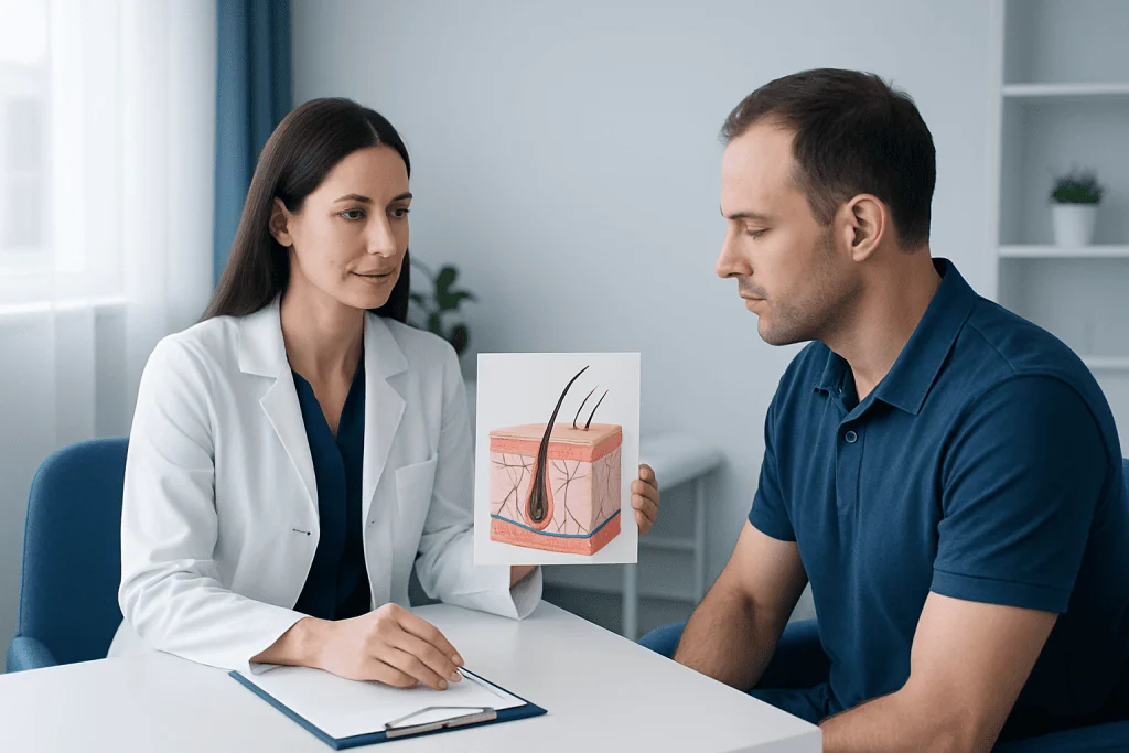 Doctor explaining hair follicle diagram to male patient in consultation room.