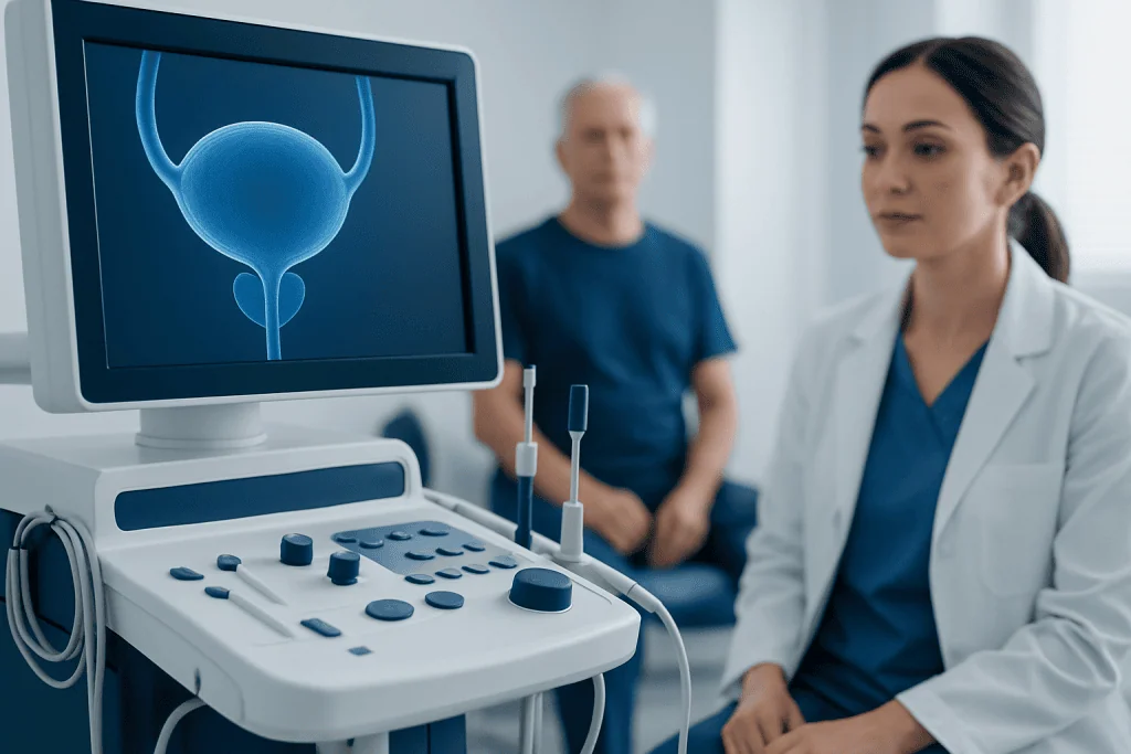Urological examination with ultrasound device at Acibadem Hospital.