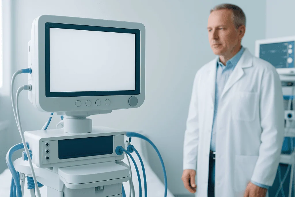 Medical professional observing a patient monitor in a hospital setting.