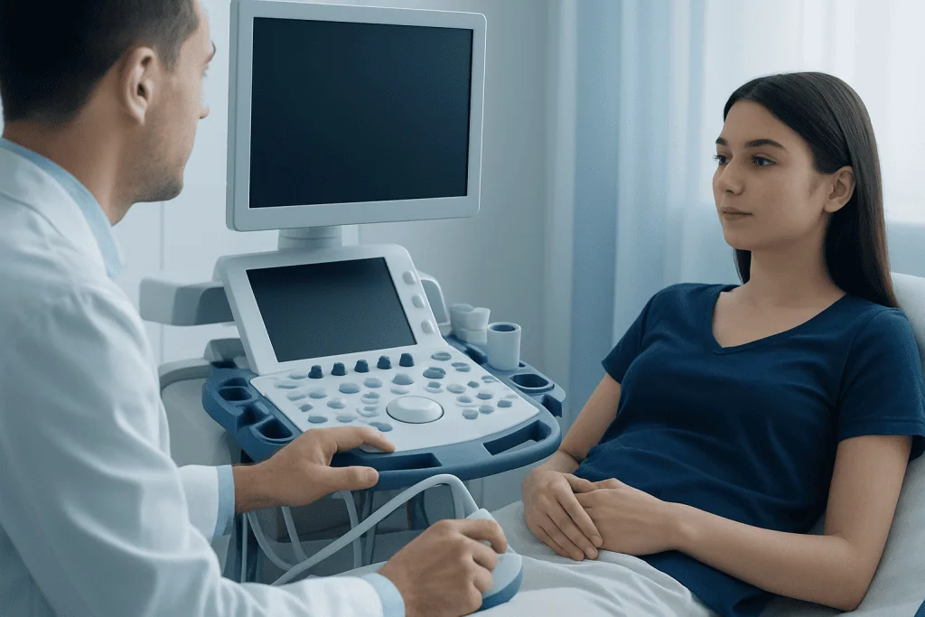 Doctor performing ultrasound examination on a young woman patient in a clinic.
