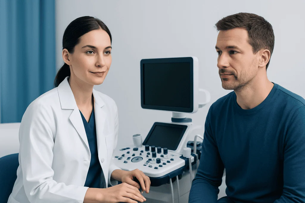 Doctor consulting patient in a modern hospital room with medical equipment.