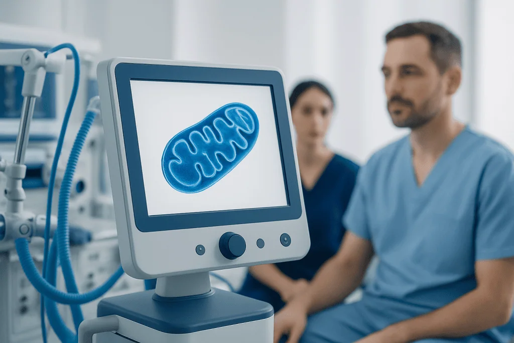 Medical professionals examining mitochondrial health on a computer screen.