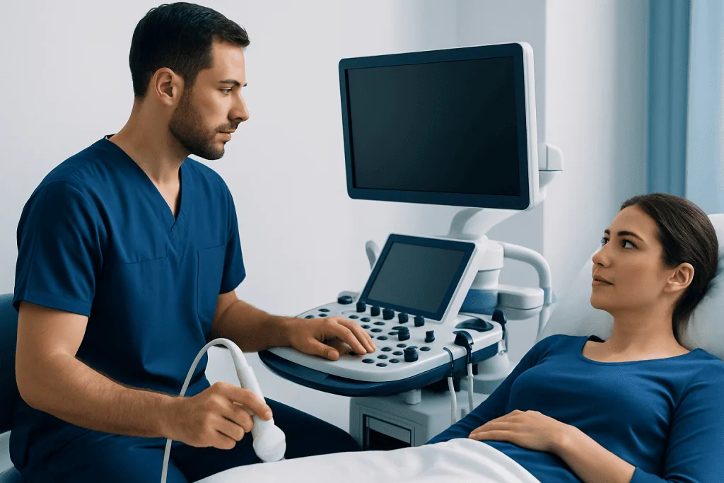 Medical professional performing ultrasound on patient in hospital room.