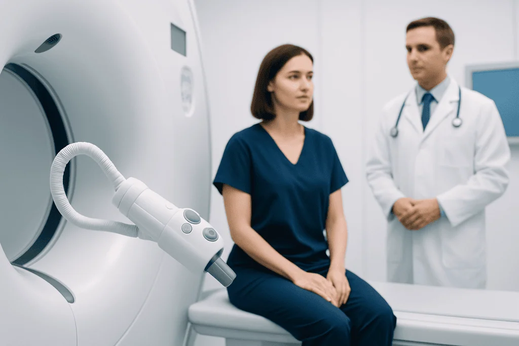 Medical professional and patient in MRI scan room at Acibadem Hospitals.