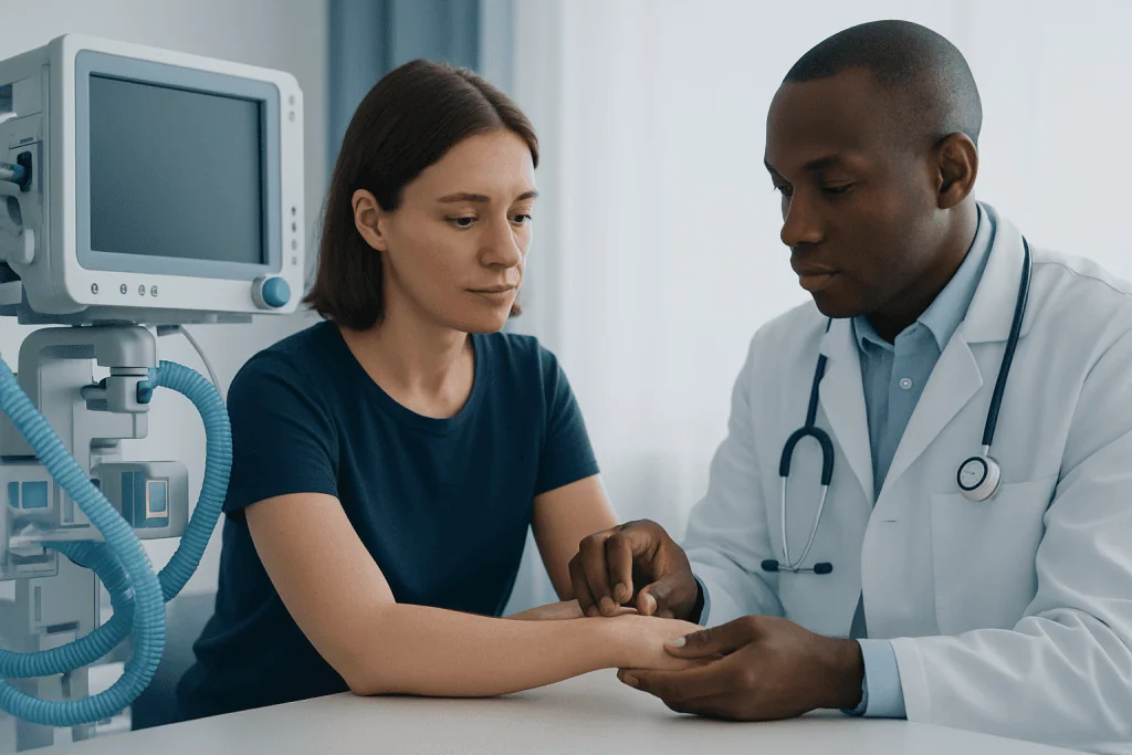 Doctor examining a patient's wrist in a medical clinic setting.