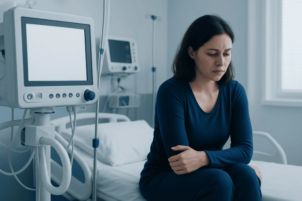 Woman in hospital appears distressed and worried, sitting on bed with medical equipment nearby.