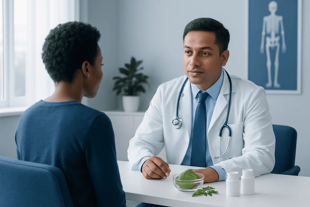 Doctor consulting with a patient in a modern medical office.