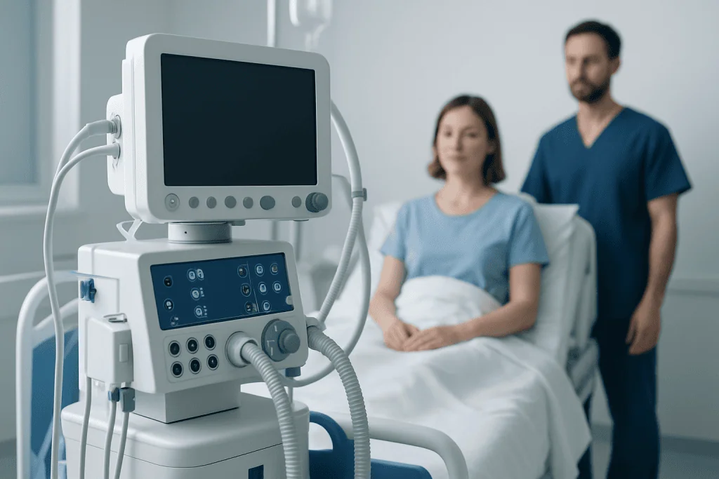 Medical ventilator machine in hospital room with patient and nurse.