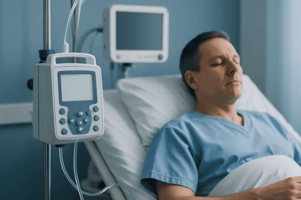 Patient resting in hospital bed with medical monitoring equipment nearby.