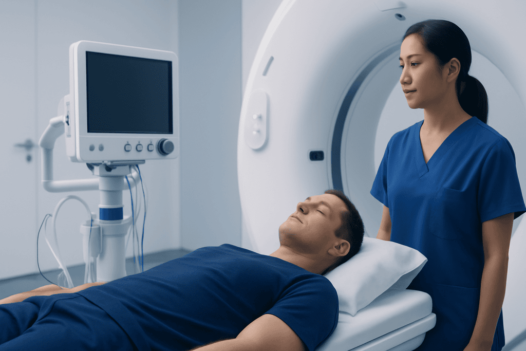 Patient undergoing MRI scan at Acibadem Hospital with medical staff present.
