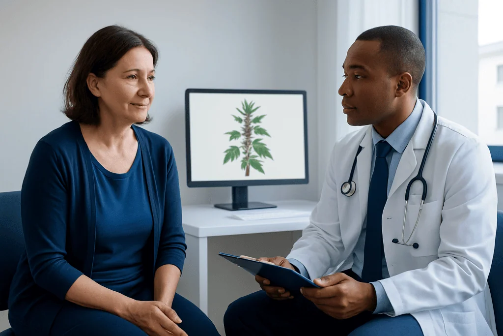 Doctor consulting with a patient in a medical office with a plant diagram on screen.