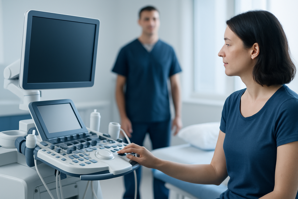Medical professional operating ultrasound machine in hospital room.