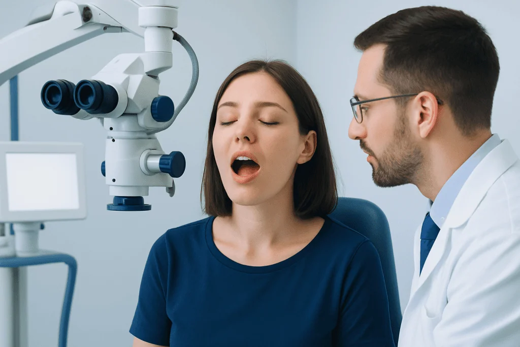 Dentist examining patient's mouth with a microscope in a dental clinic.