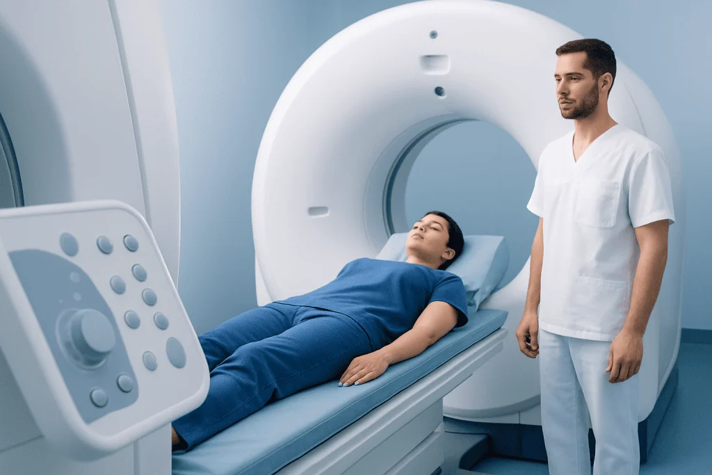 Patient undergoing MRI scan in a medical facility at Acibadem Hospitals Group.