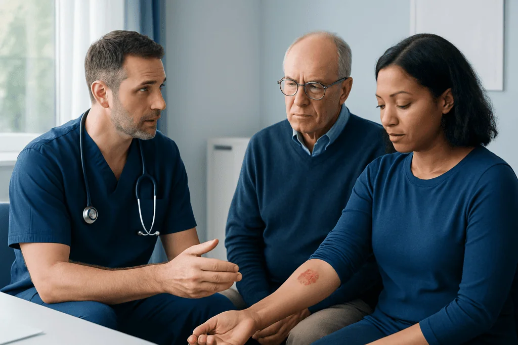 Doctor explaining MRSA infection to patient with arm wound.