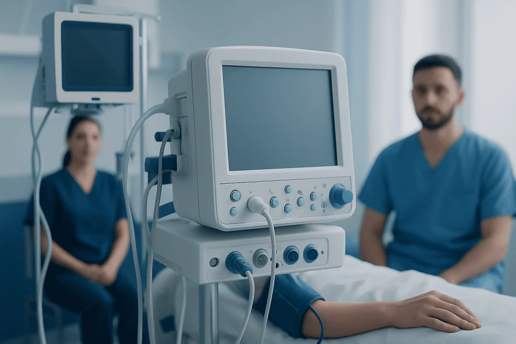 Medical monitoring equipment in a hospital room with healthcare professionals.